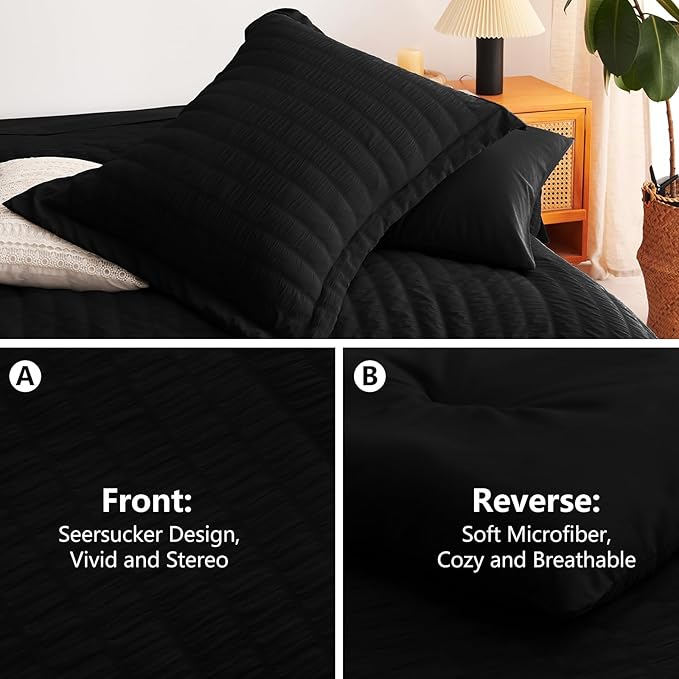 CozyLux King Size Comforter Set Black, 7 Pieces Seersucker Textured Luxury Bed in a Bag, All Seasons Soft Bedding Sets with Down Alternative Comforter, Sheets, Pillowcases & Shams, Home Gift