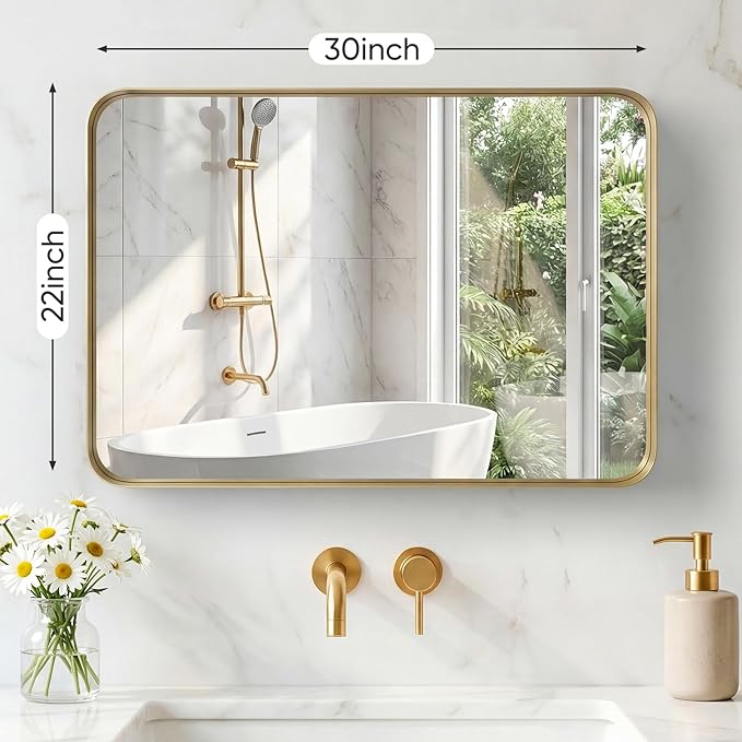 NEWBULIG 22X30 Inch Bathroom Mirror for Over Sink, Wall Vanity Mirrors Tempered Glass, Anti-Rust Metal Framed Rounded Rectangle, Hangs Horizontally or Vertically, Farmhouse Home Decor, Gold
