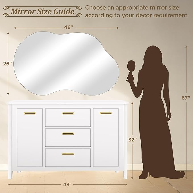 Bathroom Mirror - Irregular Wall Mirrors Decorative 26"x46" Asymmetrical Tempered Glass Frameless for Vanity, Bedroom, Living Room, Cloakroom, Entryway