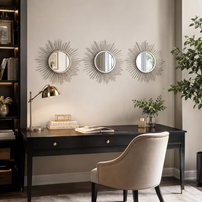 Silver Sunburst Mirror Set of 3, 3PCS Metal Round Decorative Wall Mirrors, Starburst Accent Mirror Wall Decor for Bathroom, Living Room, Bedroom & Entryway