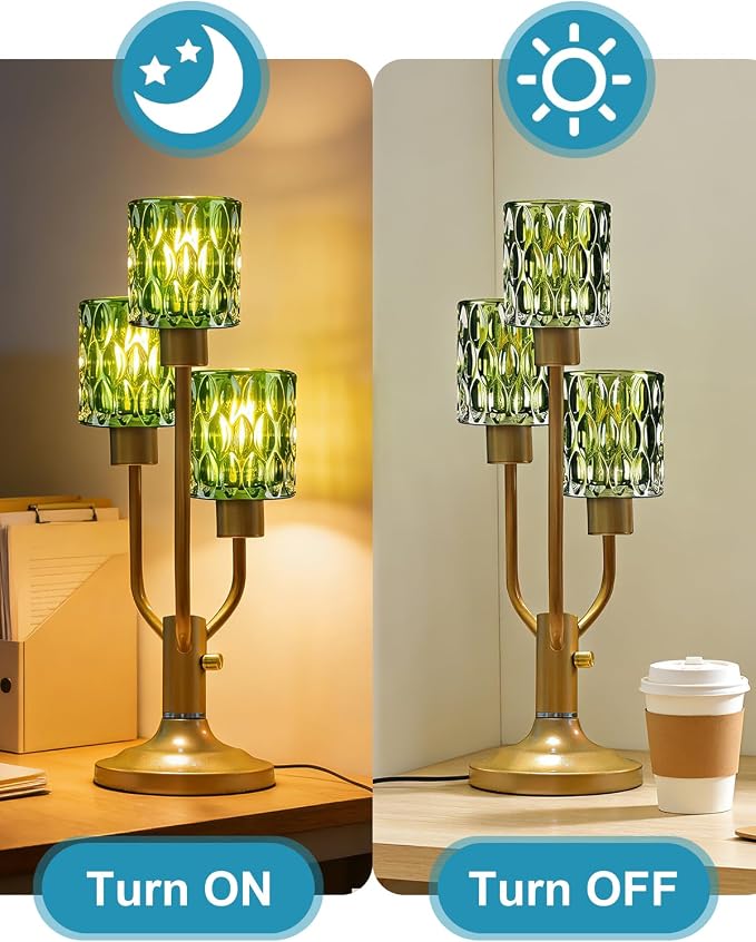 Lightdot Mid Century Modern Table Lamp for Living Room Dimmable Nightstand Lamp Gold Vintage Desk Lamp Green Glass 3 Bulbs Included Warmwhite Ambient Bedside Lamp for Bedroom Home Office Decor Gift