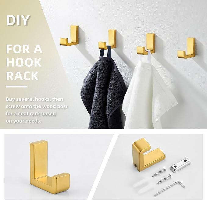 Angle Simple Towel Hook for Bathroom, SUS 304 Stainless Steel Shower Wall Coat Hook, Bath Robe Holder Hanger, Brushed Dark Gold