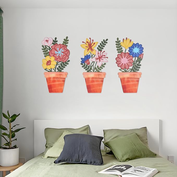 3D Wooden Floral Wall Decor Set of 3, Lightweight Wall Art Decor, Rustic Farmhouse Kitchen Wall Decor, Boho Botanical Wood Wall Art for Living Room, Bedroom, Office, Entryway (Flowers - 11.8 x 5.9 Inch)
