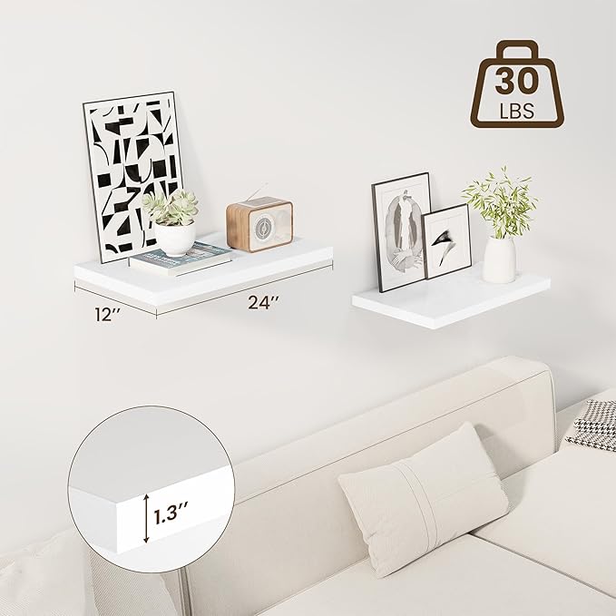 Dreamland 24" Floating Shelves for Wall, 12" Deep Slim White Floating Shelves, Wall-Mounted Shelves for Bedroom, Living Room, Kitchen, Bathroom - Set of 2