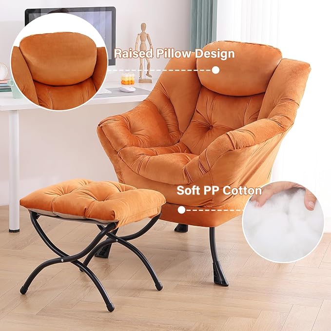Tiita Lazy Chair with Ottoman, Orange Modern Large Accent Armchair, Comfy Leisure Sofa Reading Chair with Footrest for Bedroom, Living Room, Dorm Rooms, Garden, Velvet Orange