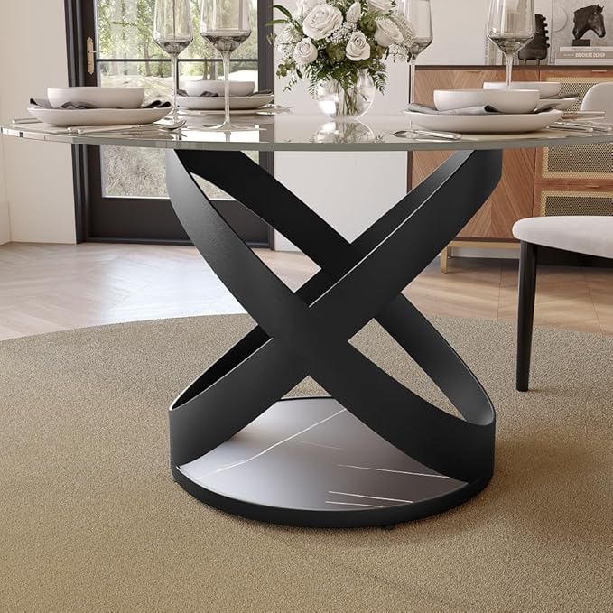 POVISON 51" Modern Round Dining Table, Glass Round Kitchen Table for 4, Tempered Glass Dining Room Table top with Black X Carbon Steel Base (Dining Table Only)