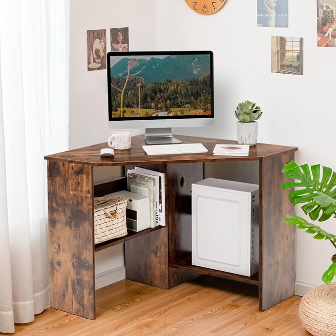 LDAILY Corner Desk, Space Saving 90 Degree Triangle Computer Desk with Storage Shelves & Cable Holes, Wood Compact Corner Writing Table for Small Spaces, Home Office, Bedroom & Living Room, Coffee