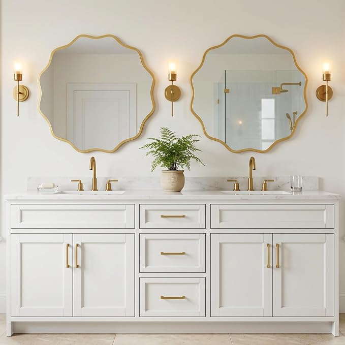 PERFNIQUE Gold Scalloped Mirror, 30'' Round Wall Mirrors Wavy Wood Framed with Tempered Glass for Bathroom Nursery Bedroom Living Room Entryway, Decorative Modern Wall Decor