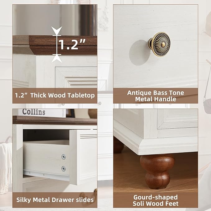 Farmhouse 5 Drawer Dresser Set of 2 for Bedroom, 35" Tall Rustic Chests of Drawers w/ 4 Solid Wood Feet, Mid Century Vintage Wooden Closet Storage Dressers Organizer for Living Room, White