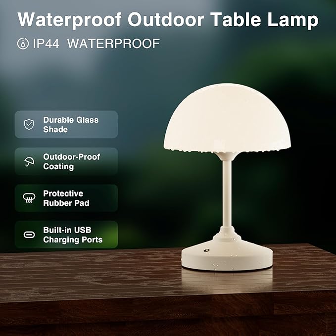 Mushroom Lamp Cordless Lamp Table Lamp,Outdoor Waterproof Shower Lamps,5000mAh Rechargeble Battery Operated Dimmable Touch Desk Lamps,LED Night Light for Bathroom Patio Camping Outdoor(White)