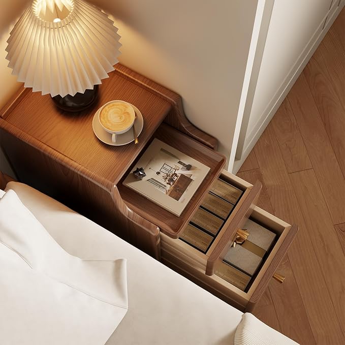 AQIMUELE Small Nightstand with Drawers, Solid Wood Bedside Table, Narrow Walnut Nightstand for Bedroom