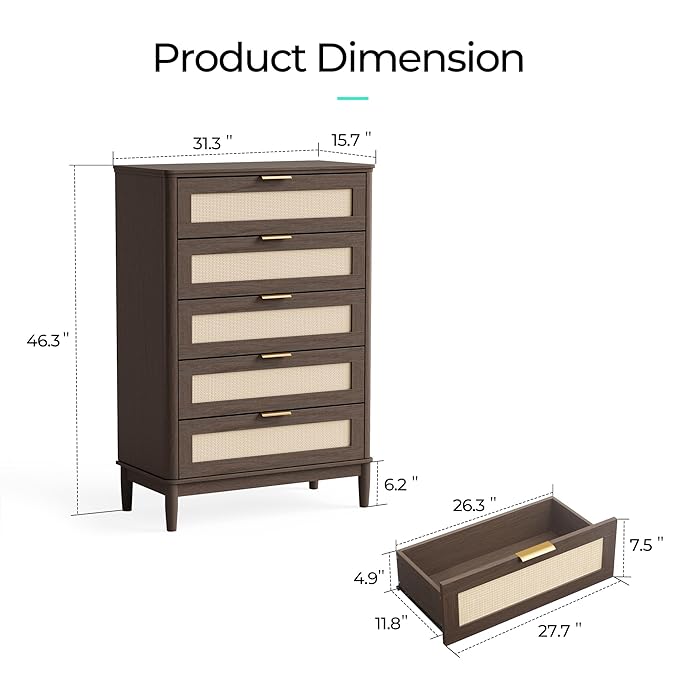 LINSY HOME Rattan Dresser with 5 Deep Drawers, 46" Tall Chest of Drawers, Mid Century Modern Wood Dresser, Large Boho Storage Cabinet for Bedroom with Metal Handle and Durable Legs, Walnut