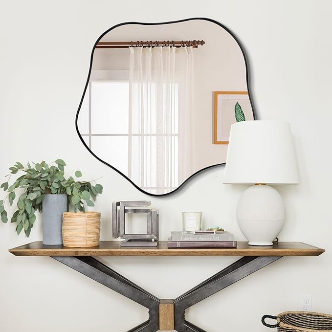Irregular Shaped Mirror, 28" Asymmetrical Rounded Mirror Decorative, Modern Abstract Wall Mirrors with Metal Frame, Scalloped Mirrors for Living Room Bathroom Bedroom Hallway Entryway