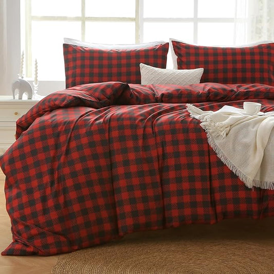 MUXHOMO Duvet Cover Full Size Floral Duvet Cover Set with Zipper Closure, Red Plaid Bedding Set, 3 Pieces, 1 Duvet Cover 80"x90" with 4 Corner Ties and 2 Pillowcases 20"x26"