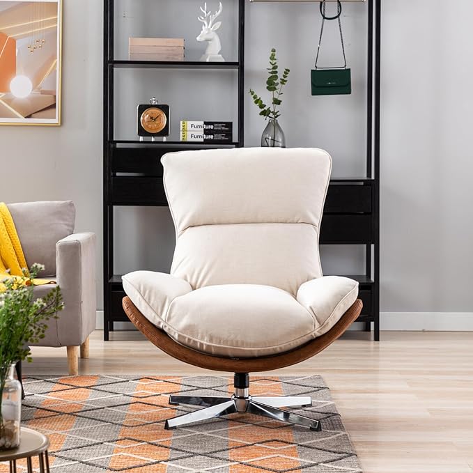 Modern Swivel Accent Chair, Comfy Upholstered Linen Fabric Lounge Chair Sofa Chair with High Backrest, Rocking Chair for Living Room Bedroom, 1pc, Beige