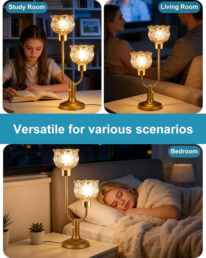 Lightdot Gold Table Lamp for Living Room Dimmable Mid Century Modern Flower Desk Lamp Amber Glass Vintage Nightstand Lamp 2 Bulbs Included Warmwhite Ambient Bedside Lamps for Bedroom Home Office Decor