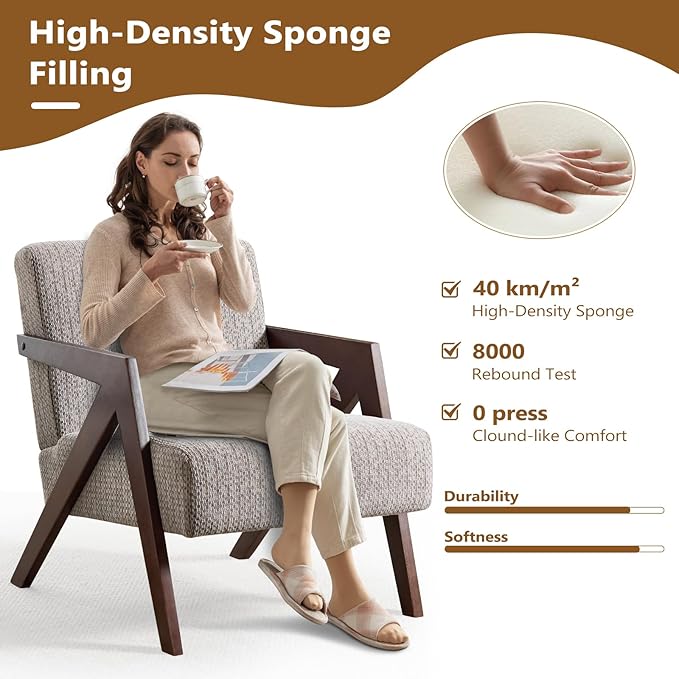 Bonzy Home Mid-Century Modern Accent Chair Set of 2 with Wood Frame, Upholstered Armchair for Bedroom & Living Room, Linen Fabric Cushion, Z-Shaped Armrest Design, Sturdy Lounge Chair