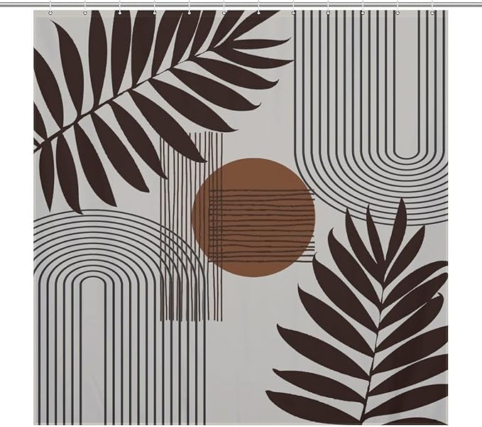 Mid Century Abstract Boho Shower Curtain Geometric Neutral Beige Modern Leaf Plant Semicircle Art Waterproof Shower Curtains for Bathroom Decor 12 Pack Hooks 72x72in (183x183cm)