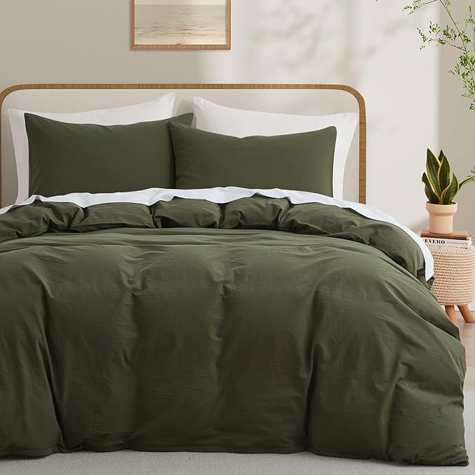 LOVQUE Olive Green Cotton Duvet Cover King Size, Linen Like Natural Bedding Set with Zipper Closure (No Comforter), 104x90 Inches