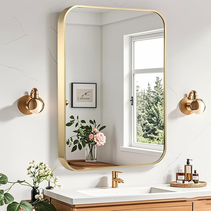 Gold Bathroom Mirror, 24x36 Inch Brushed Gold Mirror, Aluminum Alloy Framed Vanity Mirror, Rounded Rectangle Mirror for Over Sink, Anti-Rust (Horizontally or Vertically)