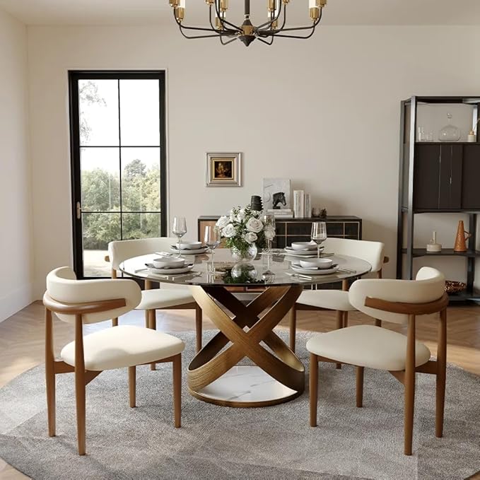 POVISON 51" Modern Round Dining Table, Glass Round Kitchen Table for 4, Tempered Glass Dining Room Table top with Bronze X Carbon Steel Base (Dining Table Only)