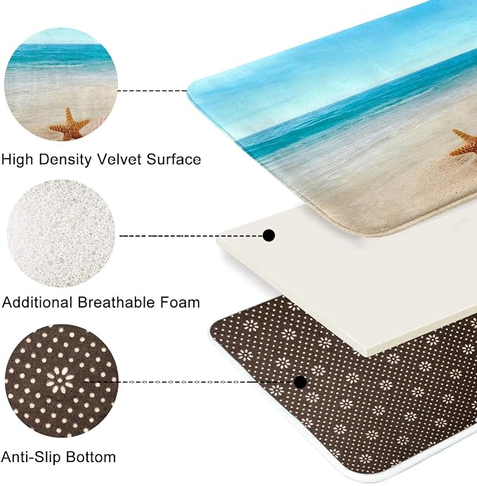 Britimes Bath Mat for Bathroom, Blue Beach Starfish Sea Washable Cover Floor Rug Carpets Floor Mat Bathroom Decorations 16x24 Inches for Kitchen Bedroom Indoor