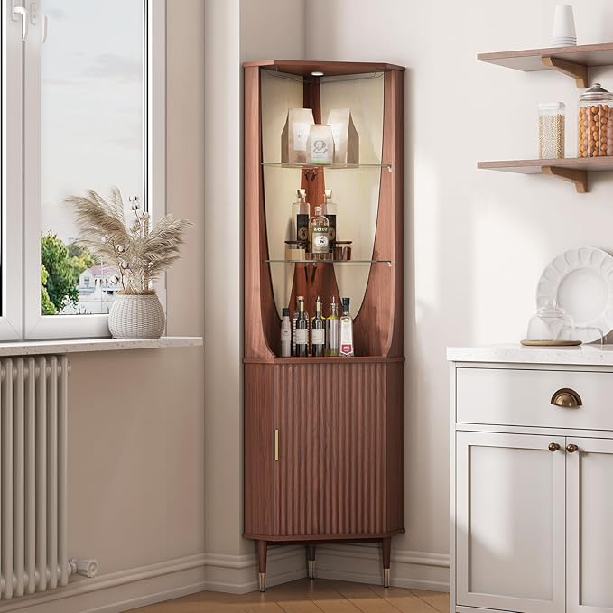 JOINICE 70" Tall Corner Bar Cabinet, Mid-Century Modern Fluted Storage Cabinet with Glass Shelves, Door & LED Lighting, Space-Saving Liquor Cabinet for Living Room, Kitchen, or Dining Room, Walnut