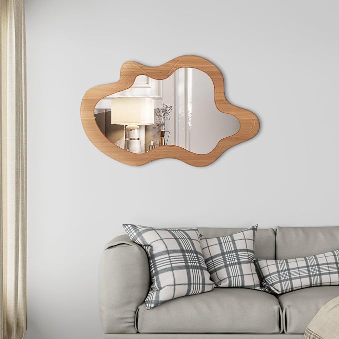 36" x 24" Irregular Wall Mirror, Wooden Framed Asymmetrical Wavy Wall Mirror for Living Room Bedroom Entryway Bathroom Modern Decorative, Hanging Hooks