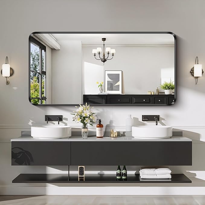 CIRCUMI Black Bathroom Mirror, 30"x60" Rectangular Mirror with Deep Metal Frame, Rounded Corner, Tempered Glass, Large Mirror for Wall, Over 2 Sinks, Installed Vertically/Horizontally, Crystal-Clear