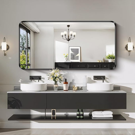 CIRCUMI Black Bathroom Mirror, 30"x60" Rectangular Mirror with Deep Metal Frame, Rounded Corner, Tempered Glass, Large Mirror for Wall, Over 2 Sinks, Installed Vertically/Horizontally, Crystal-Clear