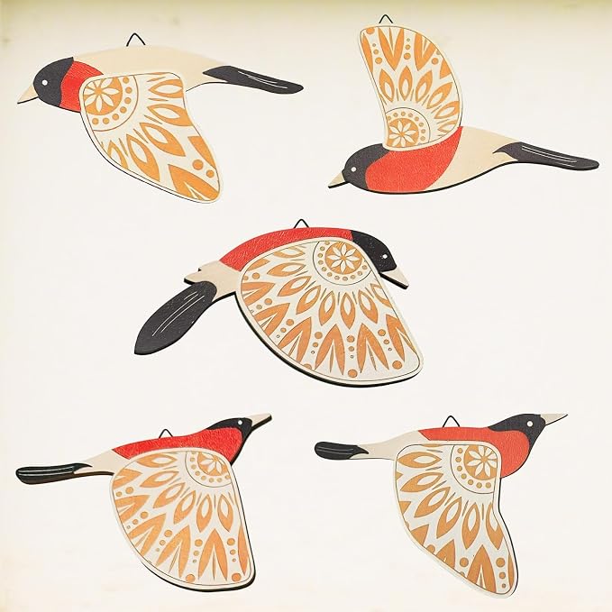 EMINGSKY 5 Pcs Wooden Bird Wall Art Wood Flying Birds Wall Decor Boho Rustic Folk Art Home Decor for Gift Living Room Bedroom Kitchen Office (Orange)