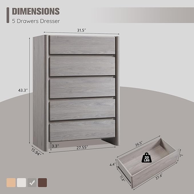 Modern 5 Drawers Dresser for Bedroom, 43" Tall Dresser & Chests of Drawers w/Rounded Corner, Wood Handleless Dresser w/Large Storage & Natural Texture for Bedroom, Living Room-Light Grey