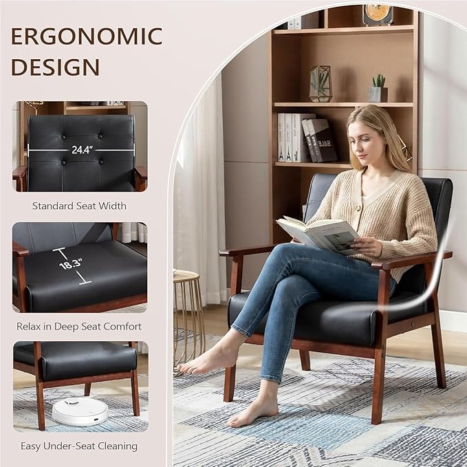 JIASTING Mid-Century Retro Modern Leather Accent Chair Set of 2 Wooden Arm Chair Upholstered Tufted Back Lounge Chairs for Office Living Room