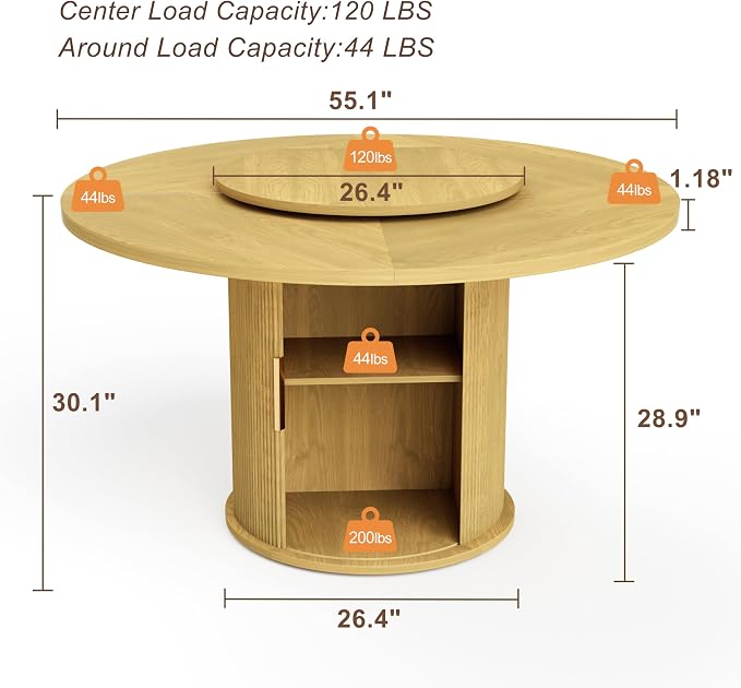 KEIKI 55" Round Dining Table for 4-6, Mid Century Modern Kitchen Table with Storage & Rotating Tabletop Tray, Wood Corner Dinner Desk for Living Room Breakfast Nook Restaurant, Easy Assembly, Natural