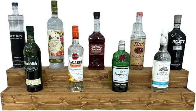 Tiered Bottle Shelf | 2 Tier Liquor Bottle Display | Bar Organization | Display Shelf | Wine Shelf | Bar Display | Kitchen Counter Shelf (24", Early American)