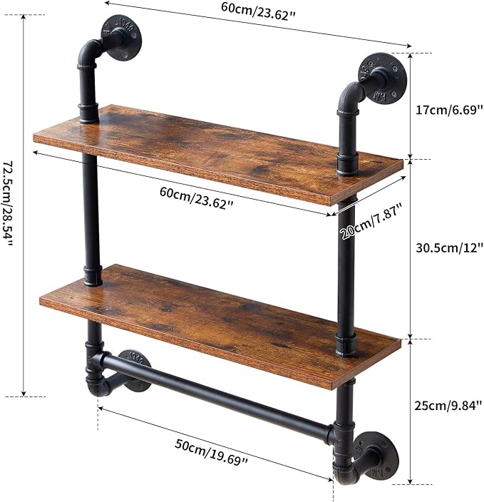 YMYNY Industrial Pipe Shelf Bracket, 2 Tiers Retro Wall Mounted Floating Shelf, Wood Look DIY Storage Shelving Bookshelf, UHRF-TM014