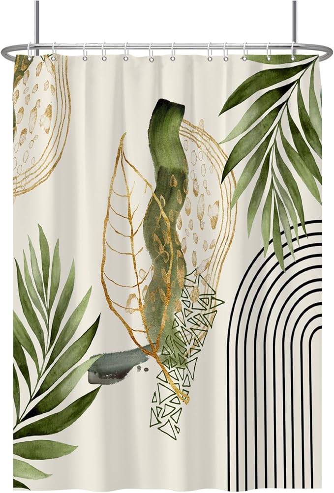 Baocicco Boho Shower Curtain Green Gold Leaves Modern Abstract Geometric Minimalist Shower Curtains Decorative for Bathroom Waterproof Fabric Shower Curtain with Hooks 72x96 Inches