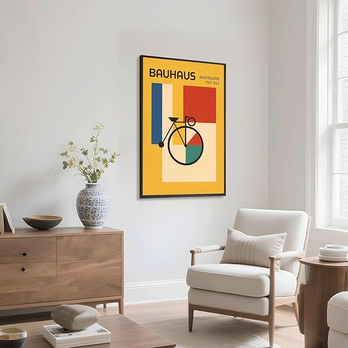 Vintage Bauhaus Geometric Bicycle Poster Canvas Wall Art, Abstract Colorful Shapes Print for Living Room Bedroom Home Decor Modern Minimalist Style (Black Framed,12”LX16"W)