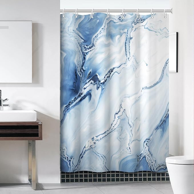 Blue Shower Curtain, Ombre Blue Marble Shower Curtain for Bathroom Modern Aesthetic Waterproof Shower Curtain Set with Hooks, 60x72 Inch