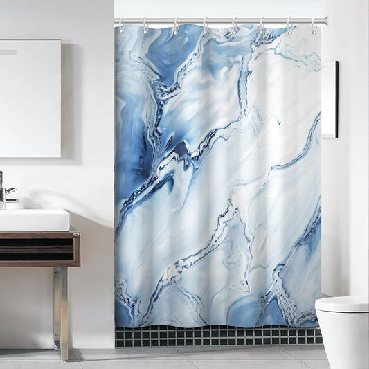 Blue Shower Curtain, Ombre Blue Marble Shower Curtain for Bathroom Modern Aesthetic Waterproof Shower Curtain Set with Hooks, 60x72 Inch