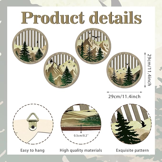 TOARTi 4Pcs Boho Mountain Wooden Wall Art Abstract Sun Moon Pine Tree Wall Decor Farmhouse Natural Mountain Landscape Artwork Minimalist Geometric Forest Hanging Sign for Living Room Bedroom Office