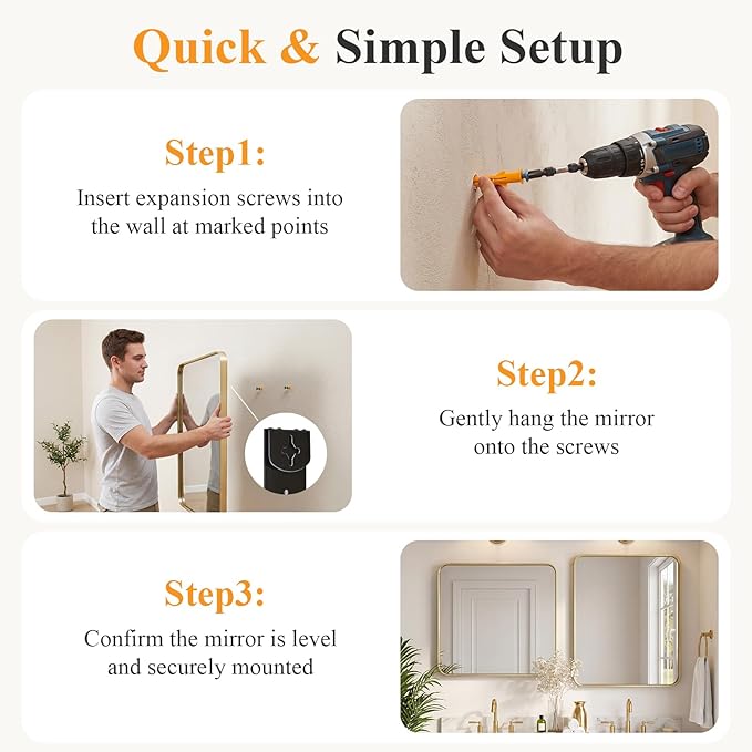 NEWBULIG 36X36 Inch Bathroom Mirror for Over Sink, Wall Vanity Mirrors Tempered Glass, Anti-Rust Metal Framed Rounded Rectangle, Hangs Horizontally or Vertically, Farmhouse Home Decor, Gold