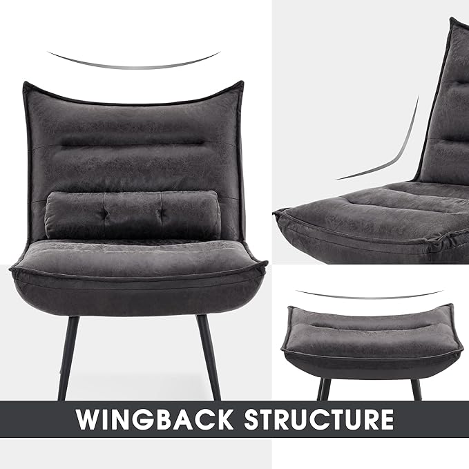 MCombo Wingback Accent Chair with Ottoman, Modern Bronzing Fabric Upholstered Club Chair for Small Space, Living Room 4400 (Dark Grey)