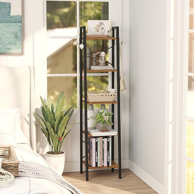 YMYNY 5 Tiers Ladder Bookcase, Industrial Narrow Bookshelf, Open Display Rack with 4 S Hooks, Metal Storage Shelves for Bedroom, Home Office, Living Room, Rustic Brown, 63H*13.4L*11.8W, UHBC025H