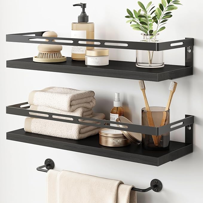 YGEOMER Floating Shelves for Bathroom Organizer Over Toilet, Wall Mounted Bathroom Shelves with Towel Bar, Wall Shelf for Bedroom Kitchen Living Room Storage (Black-Black)