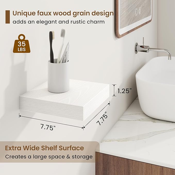 Marsmiles Square Floating Shelves for Wall, 8" W x 8" D x 1.25" H, 3 Pack Small Wall Mounted Engineered Wood Shelves with Invisible Brackets for Living Room, Bedroom, Bathroom, Kitchen Decor, White
