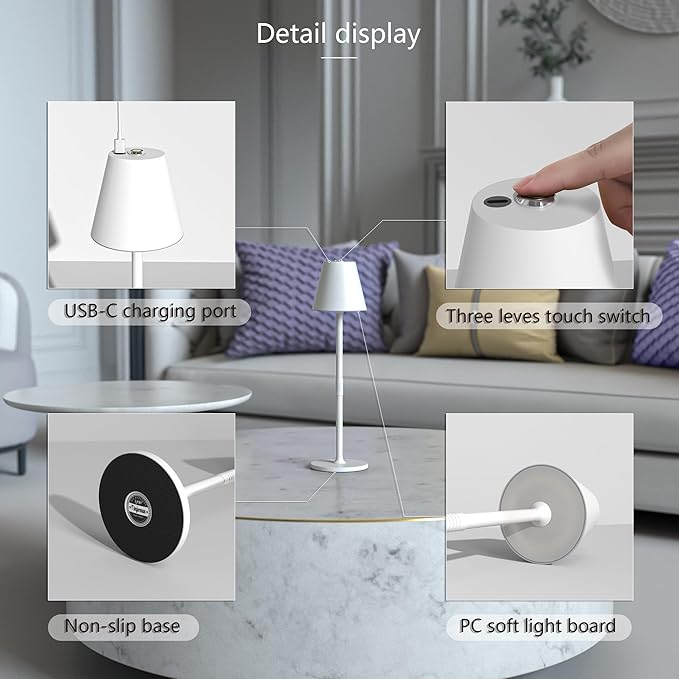 4-Pack Cordless Table Lamps - 5000mAh Rechargeable Battery Operated Desk Lamp, 3-Level Dimmable LED Night Light for Bedroom, Dining, Restaurant - Metal Design(White 4PACK)
