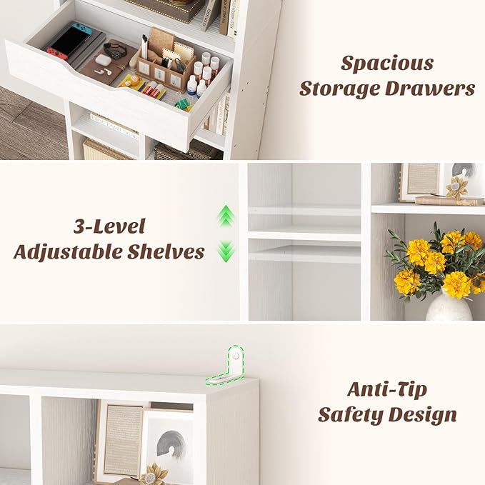 Armocity 16-Tier Tall Bookshelf Set of 2, 73.6" Narrow Freestanding Bookcase with 2 Drawers, Space-Saving Wood Display Shelves Storage for Living Room, Home Office Bedroom, White