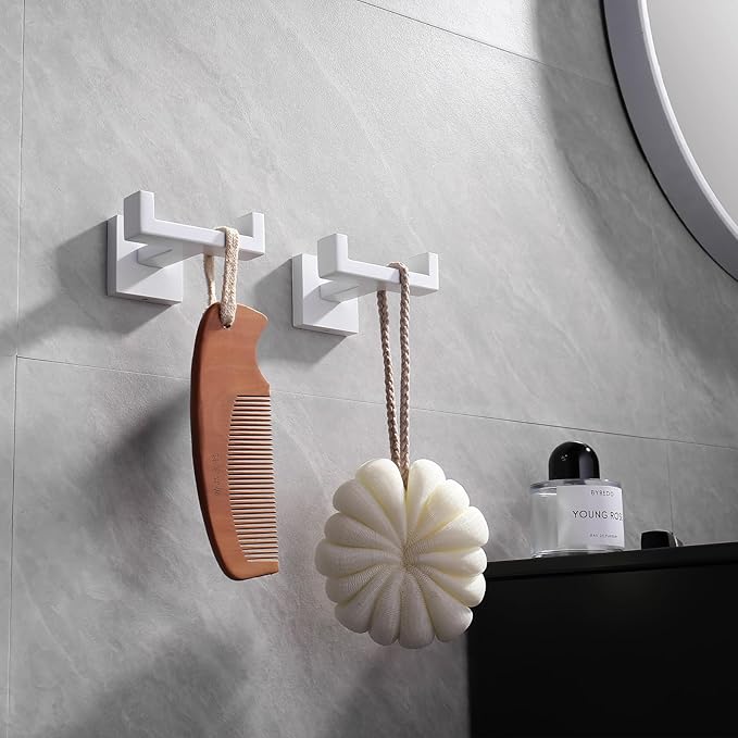 GERZWY Stainless Steel Double Towel Hook Heavy Duty Wall Mounted Robe Coat Hook for Bathroom 2 Pack, White