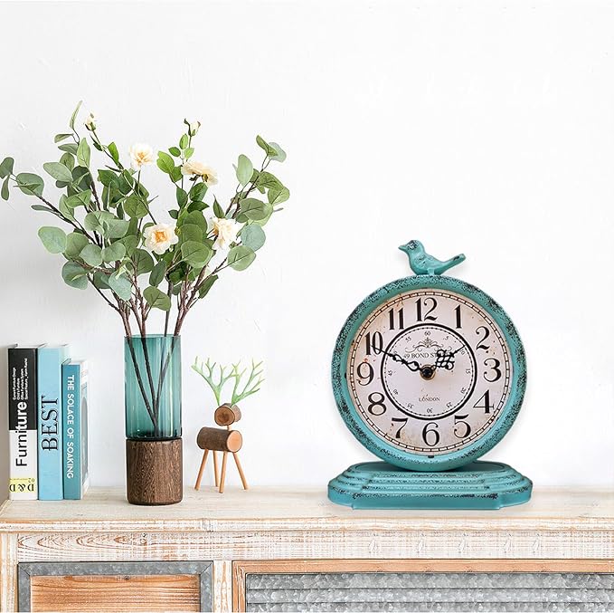 HZDHCLH Vintage Table Clock with Bird,Retro Mantel Clock Battery Operated,Metal Clock for Living Room Shelf Desk Table Fireplace Decor (Green)